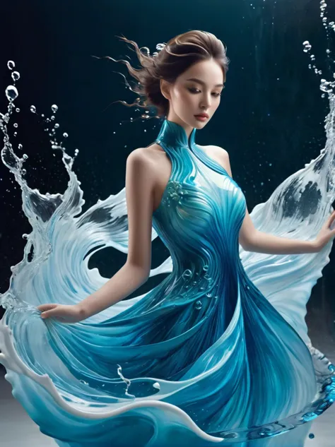 A girl，Wearing a gorgeous outfit made of water，Exquisite dress，Elegant water dress，Gorgeous and elegant，Luxurious clothing，Inspi...