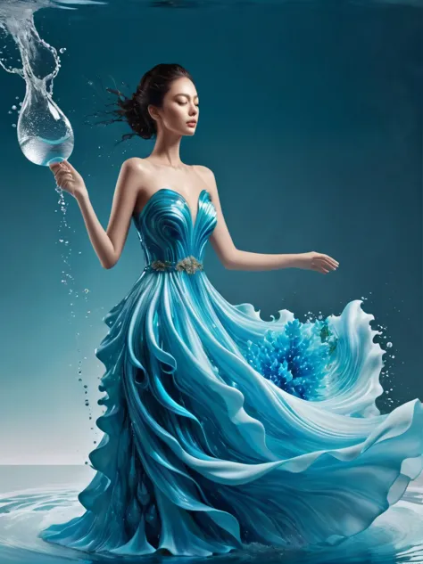 A girl，Wearing a gorgeous outfit made of water，Exquisite dress，Elegant water dress，Gorgeous and elegant，Luxurious clothing，Inspi...