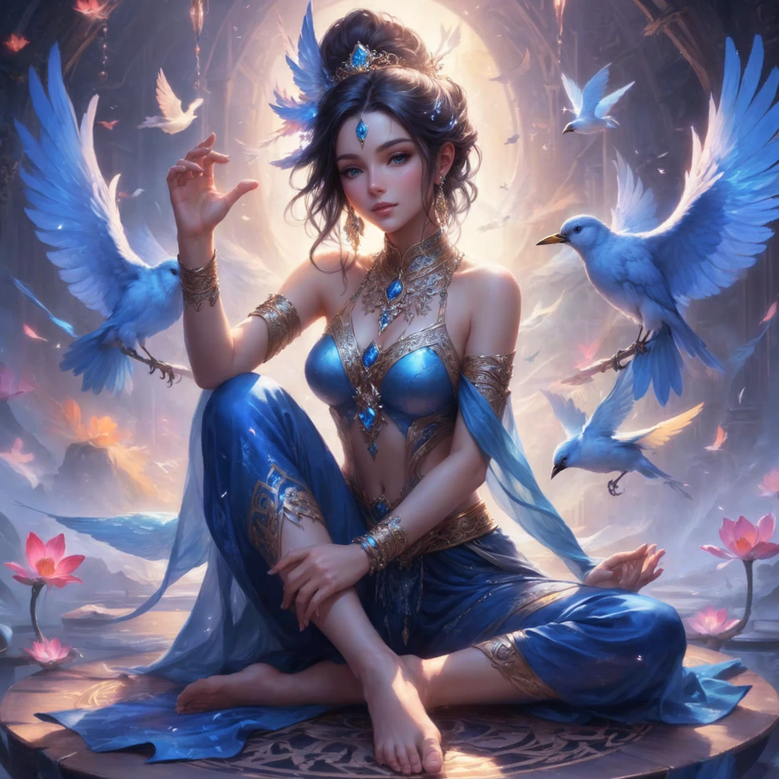 A woman sits at a table and birds fly around her., beautiful fantasy art, Argerm&#39;s form, A very detailed RTM pathogen., Beautiful Fantasy Empress, Argerm Julie Bell Beeple, Goddess of love and peace, very beautiful fantasy art, Fantasy art style, artgerm details, Ross Tran 8 g, digital fantasy art ), Eastern fantasy