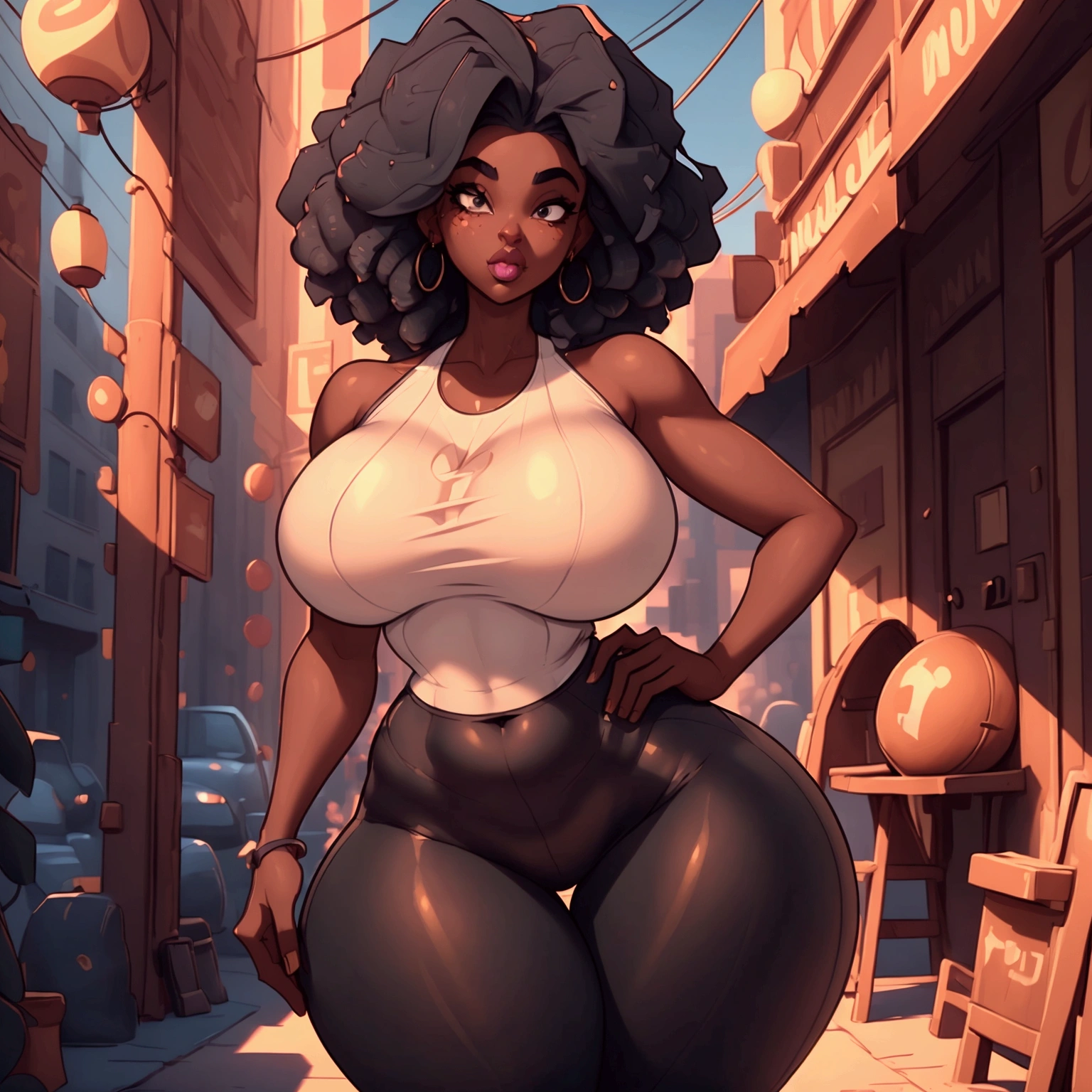 a very sexy curvy black woman, beautiful detailed eyes, beautiful detailed lips, extremely detailed face and body, long eyelashes, tanned skin, tight white tank top, tight black pants, cinched waist, hourglass figure, alluring expression, photorealistic, 8k, hyper detailed, masterpiece, chiaroscuro lighting, dramatic shadows, warm color palette, has dreadlocks, has big lips