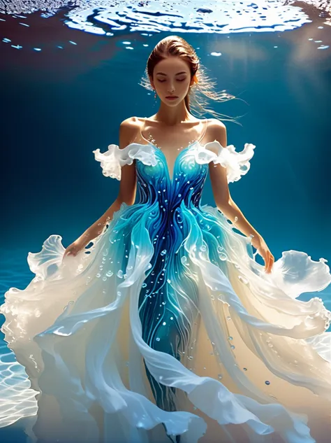 a girl，wearing a gorgeous outfit made of water，exquisite dress，elegant water dress，gorgeous and elegant，luxurious clothing，inspi...