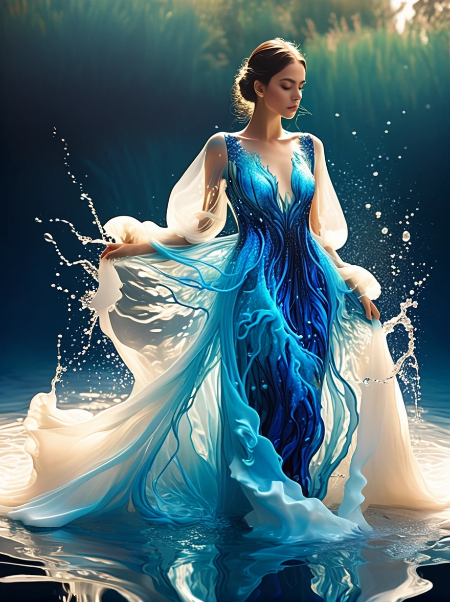 A girl，Wearing a gorgeous outfit made of water，Exquisite dress，Elegant water dress，Gorgeous and elegant，Luxurious clothing，Inspired by Hedi Xandt&#39;s design style，Her attire includes intricate clothing，ornate royal robes，Fine clothing and robes，and dresses with delicate and elegant details，She stepped on high heels，Dressed in royal style，Her hands have finely detailed finger drawings，(((The fire burned in her body，Also dancing on the skirt，The fire element gave her a winged form)))，(Covered with transparent fabric，It's a masterpiece, The highest quality artistic presentation:1.2)，(8K resolution high-definition RAW photos，a realistic style，Photorealistic:1.3)，(Skin texture is extremely detailed, The fabric texture is exquisite, Realistic flame effects, Beautiful and delicate face:1.25)，Professional lighting arrangement，Photon Mapping Technology，Soft and beautiful light processing，Radiometric calculation method，High-end shooting techniques such as physically based realistic rendering and ray tracing technology are used in it，Model-like shooting style，(Extremely fine CG unified 8K wallpaper)，Full-length photo shows one of the most beautiful works of art in the world