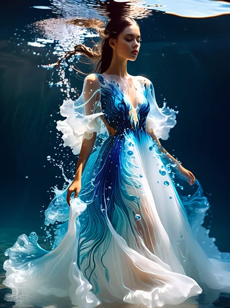 A girl，Wearing a gorgeous outfit made of water，Exquisite dress，Elegant water dress，Gorgeous and elegant，Luxurious clothing，Inspi...