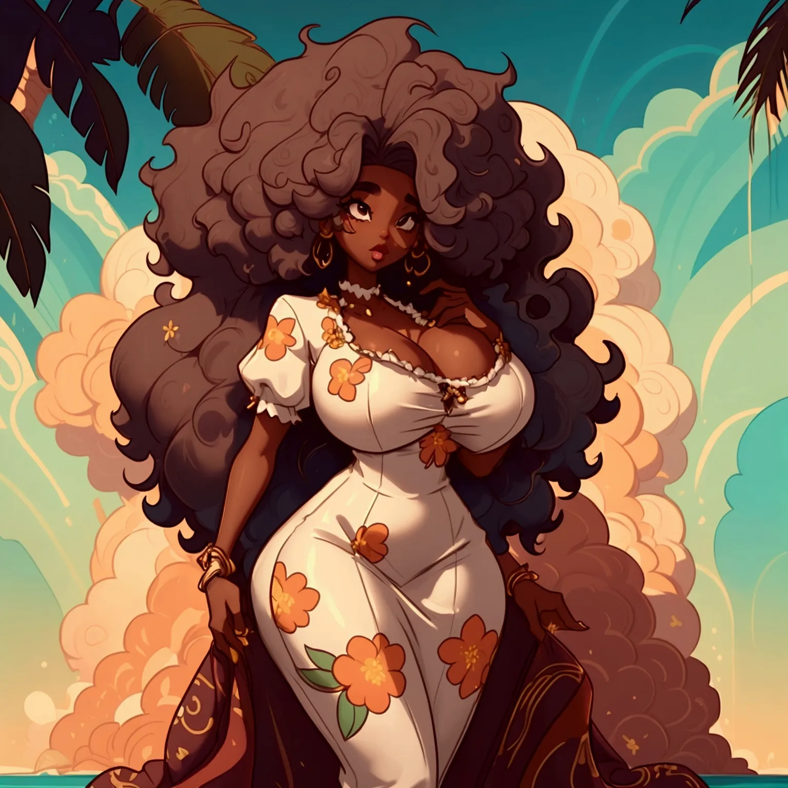 a sexy ebony skinned female with long puffy curyl afro hair, wearing a floral dress, classy, alluring, soft looking