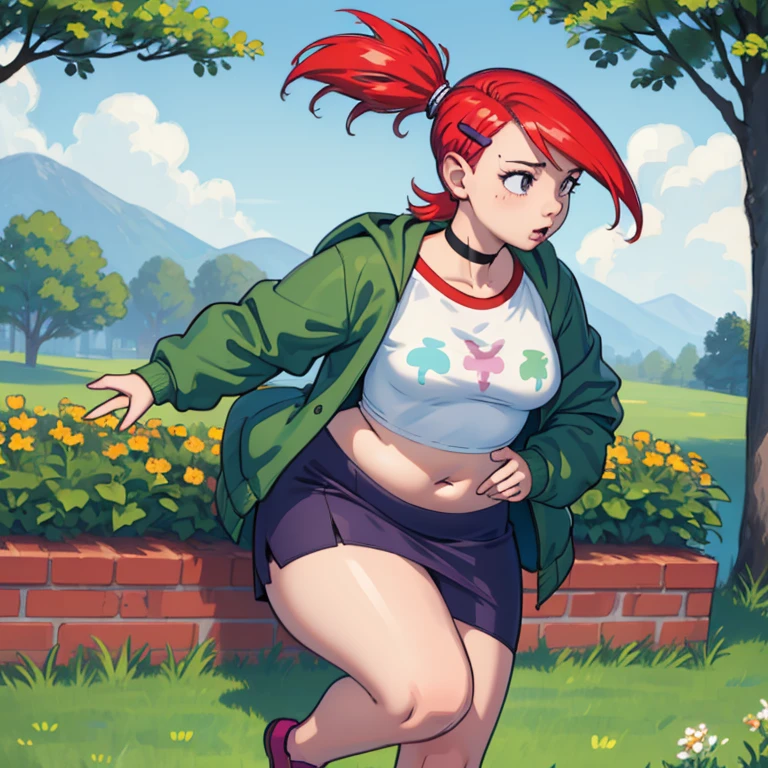 (masterpiece, best quality:1.2), frankiefoster, 1girl, fat, body plus, solo, breasts, skirt, medium breasts, shirt, hair ornament, jacket, white shirt, ponytail, choker, hairclip, midriff, crop top, black choker, purple skirt, green jacket, cropped shirt, park, park bench, running, path, tree, grass,