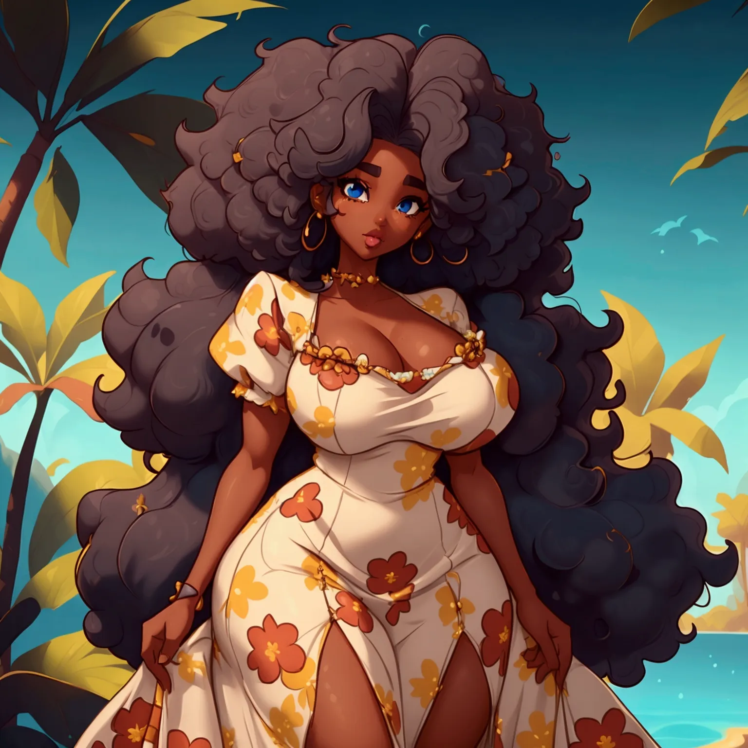 a sexy ebony skinned female with long puffy curyl afro hair, wearing a floral dress, classy, alluring, soft looking, blue eyes