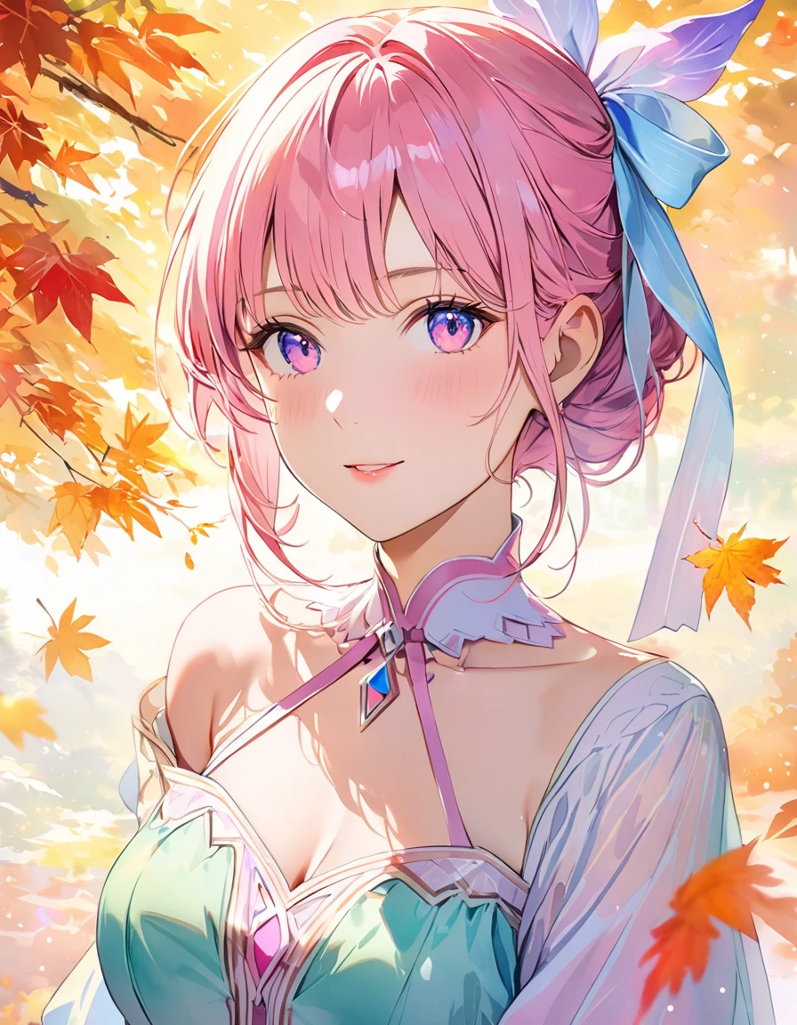 (8K, Highest quality, masterpiece:1.2),(Highest quality:1.0), (Ultra-high resolution:1.0), watercolor, Beautiful woman, shoulder, Hair Ribbon, Agnes Cecil, Half Body Portrait, Very bright and luminous design, pastel colour, (ink:1.3), Autumn Light,