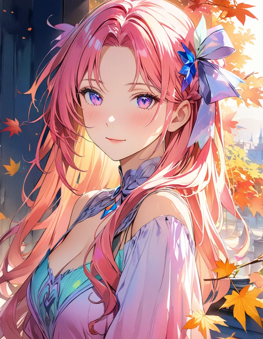 (8K, Highest quality, masterpiece:1.2),(Highest quality:1.0), (Ultra-high resolution:1.0), watercolor, Beautiful woman, shoulder, Hair Ribbon, Agnes Cecil, Half Body Portrait, Very bright and luminous design, pastel colour, (ink:1.3), Autumn Light,