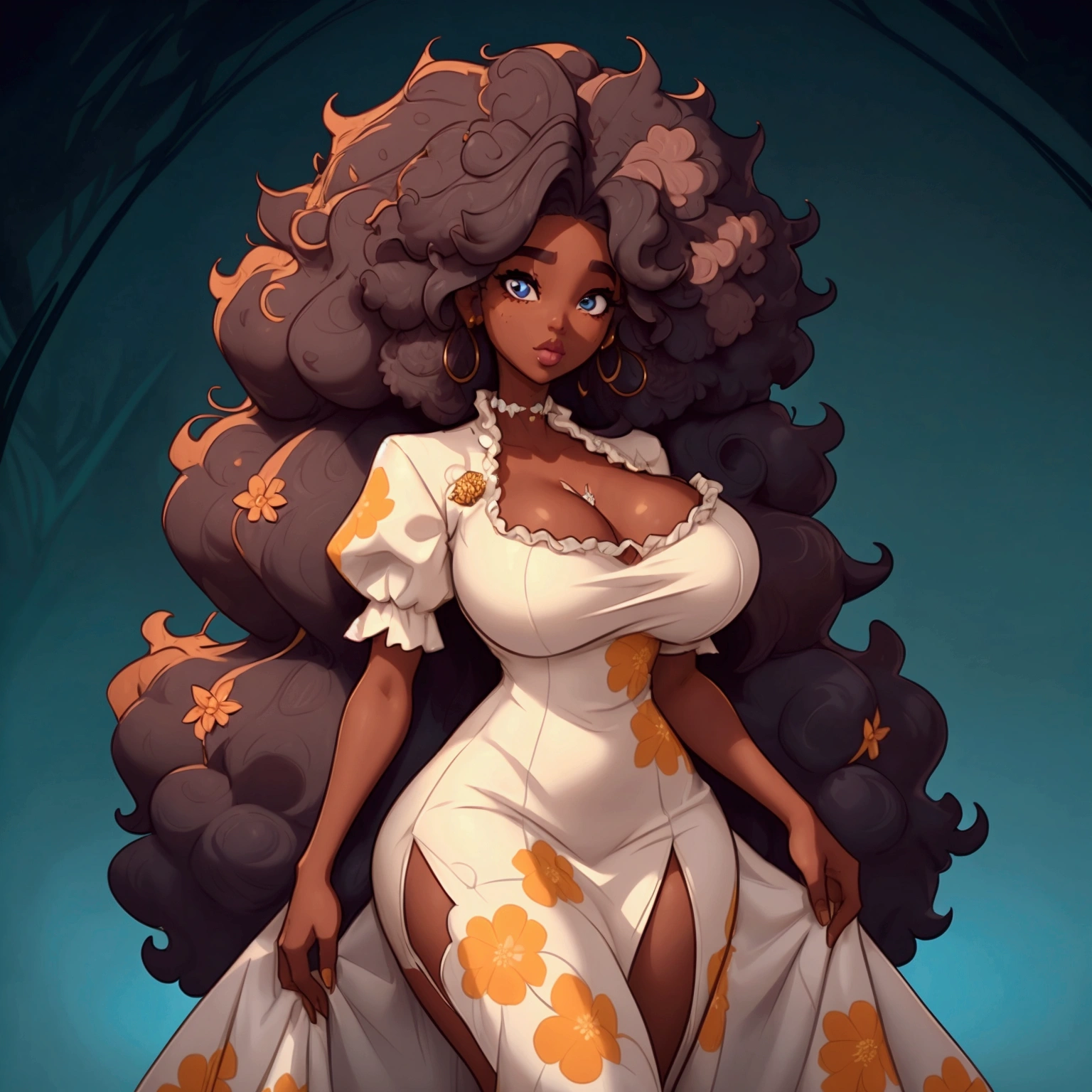 a portrait of a sexy ebony skinned female with long puffy curyl afro hair, wearing a floral dress, classy, alluring, soft looking, blue eyes