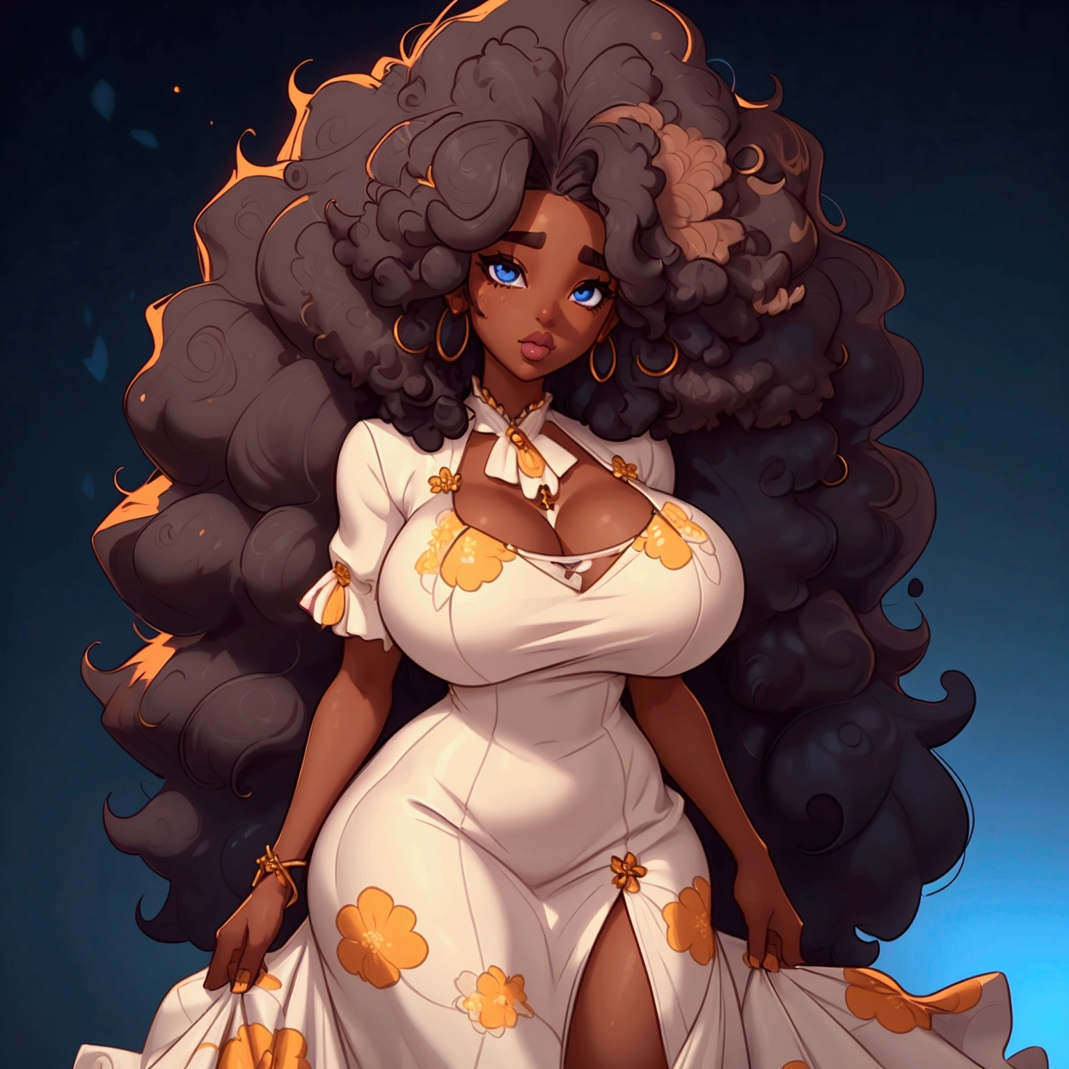 a portrait of a sexy ebony skinned female with long puffy curyl afro hair, wearing a floral dress, classy, alluring, soft looking, blue eyes