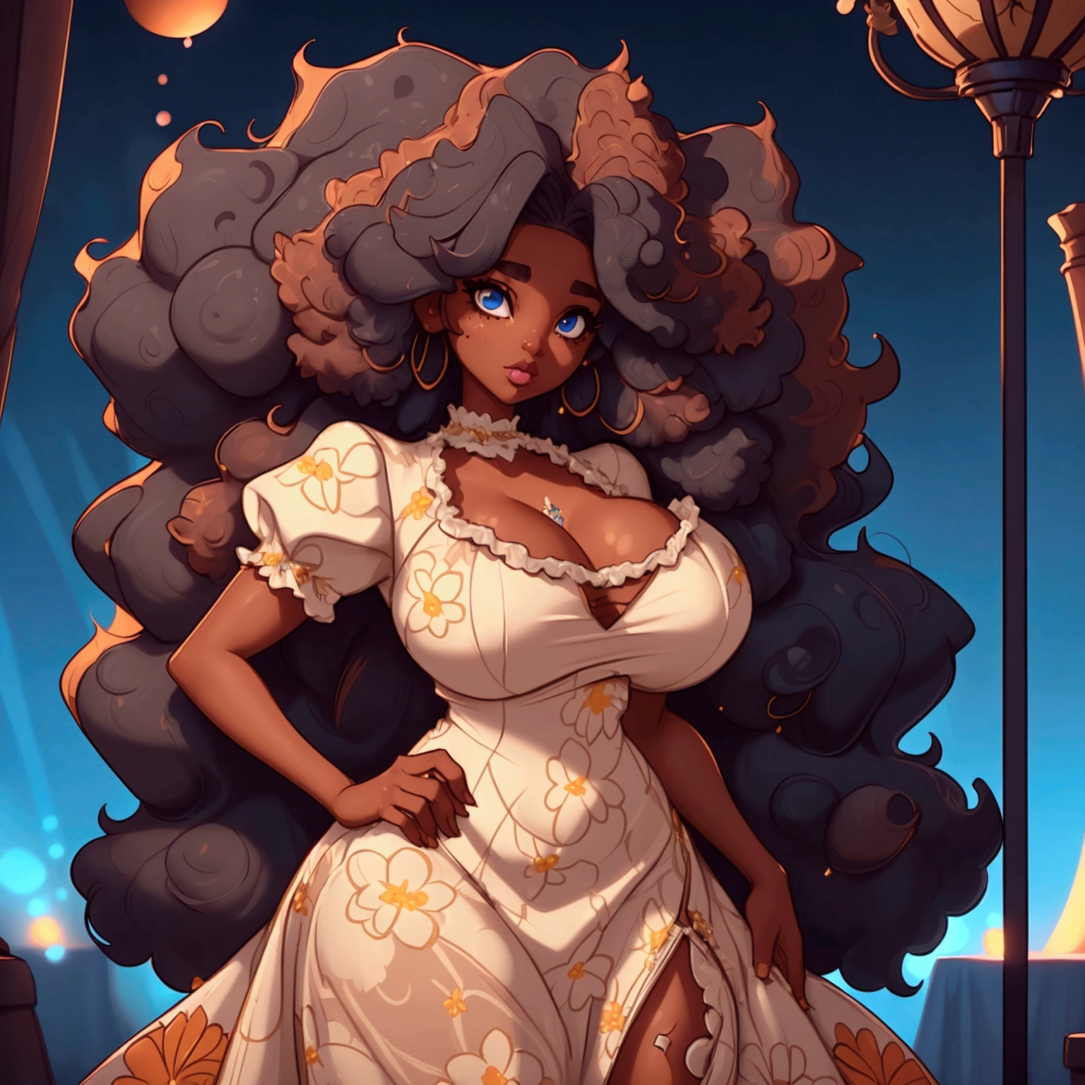 un portrait d&#39;une femme sexy à la peau d&#39;ébène avec de longs cheveux afro bouclés et gonflés, Porter une robe à fleurs, chic, Séduisant, aspect doux, yeux bleus