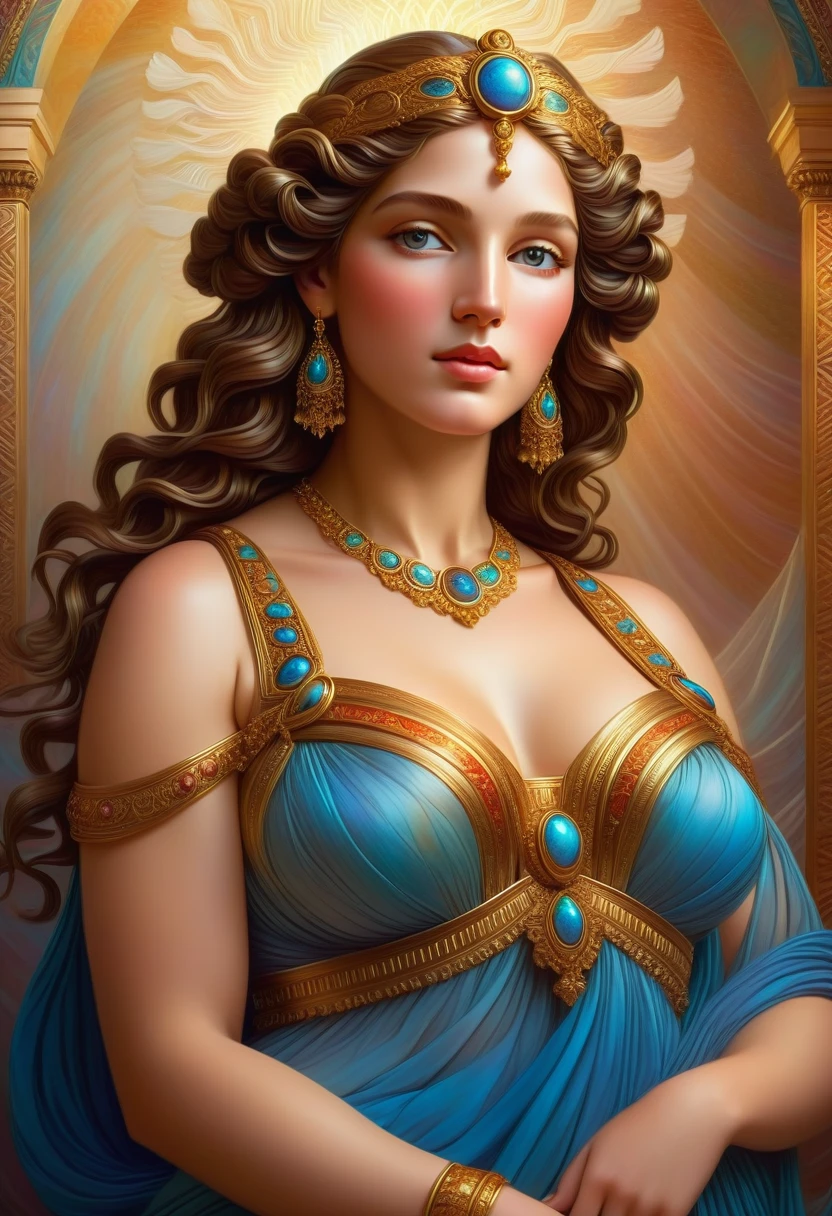 eine wunderschöne detaillierte Göttin, hochdetaillierte hyperrealistische digitale 2D-Kunst, inspiriert von der antiken griechischen Skulptur der Venus von Milo, elegantes, fließendes Kleid, anmutige Pose, heiterer Ausdruck, dramatische Beleuchtung, kunstvolle Details, komplizierte Muster, leuchtende Farben, leuchtende Haut, luxuriöser Schmuck, volumetrische Beleuchtung, fotorealistisch, 8k, Hohe Auflösung, Meisterwerk