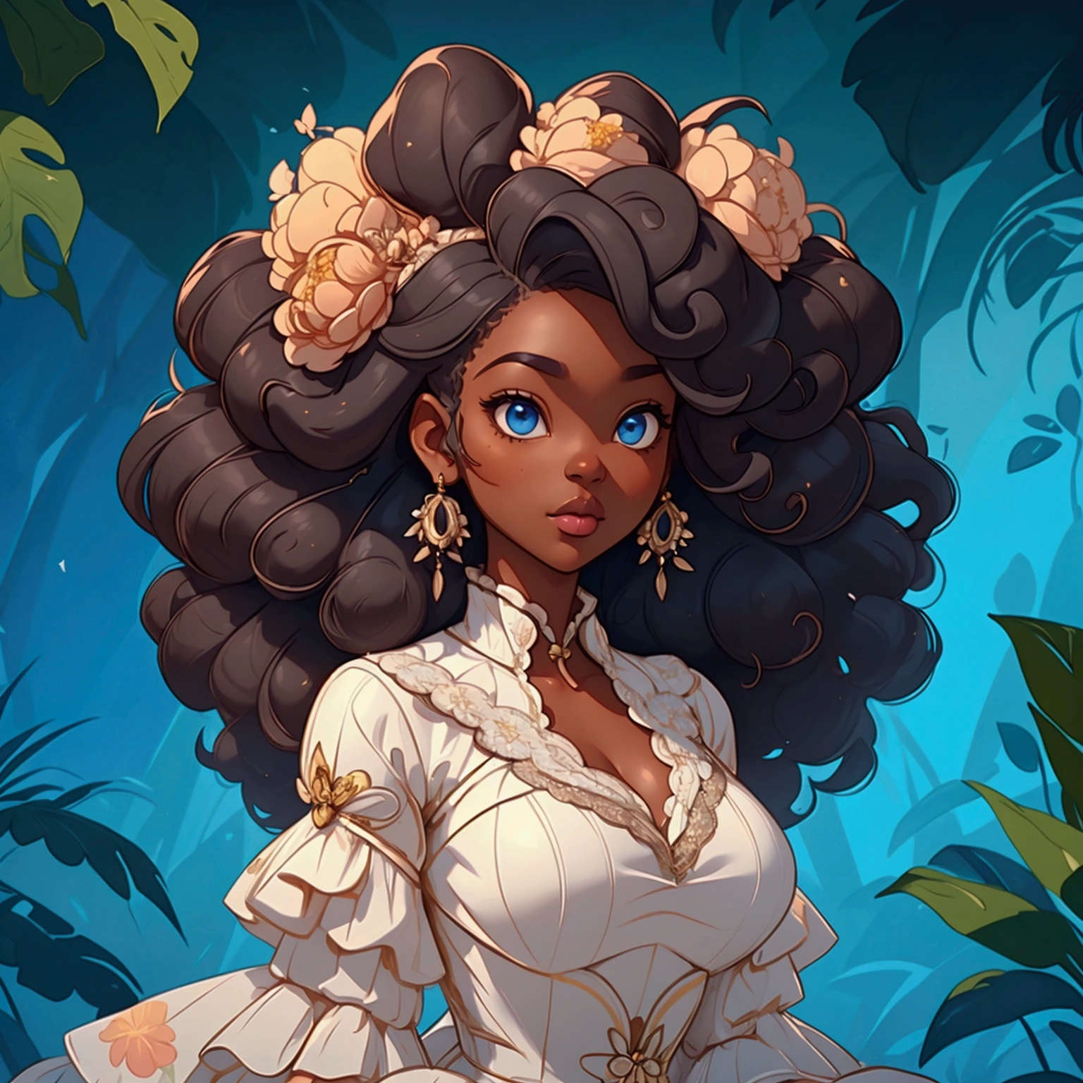 a portrait of a sexy ebony skinned female with long puffy curyl afro hair, wearing a floral dress, classy, alluring, soft looking, blue eyes