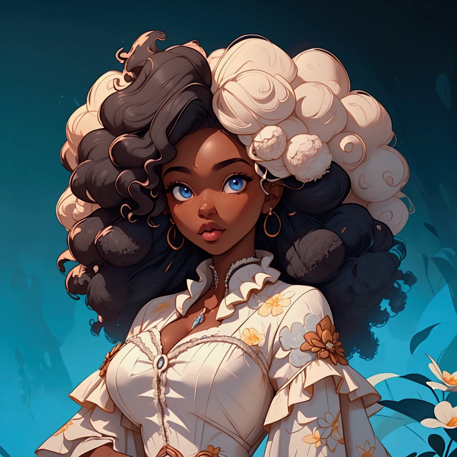 un portrait d&#39;une femme sexy à la peau d&#39;ébène avec de longs cheveux afro bouclés et gonflés, Porter une robe à fleurs, chic, Séduisant, aspect doux, yeux bleus