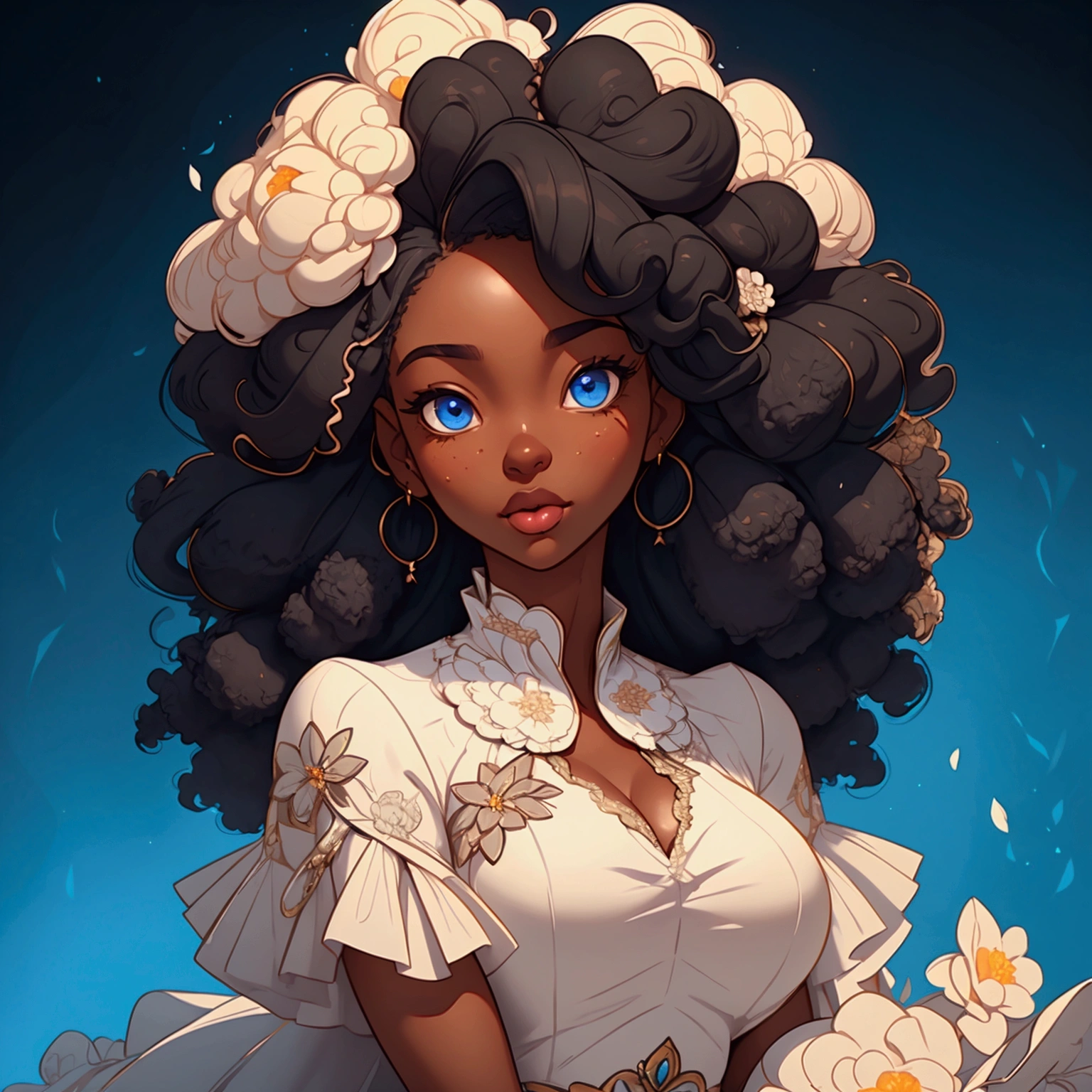 a portrait of a sexy ebony skinned female with long puffy curyl afro hair, wearing a floral dress, classy, alluring, soft looking, blue eyes