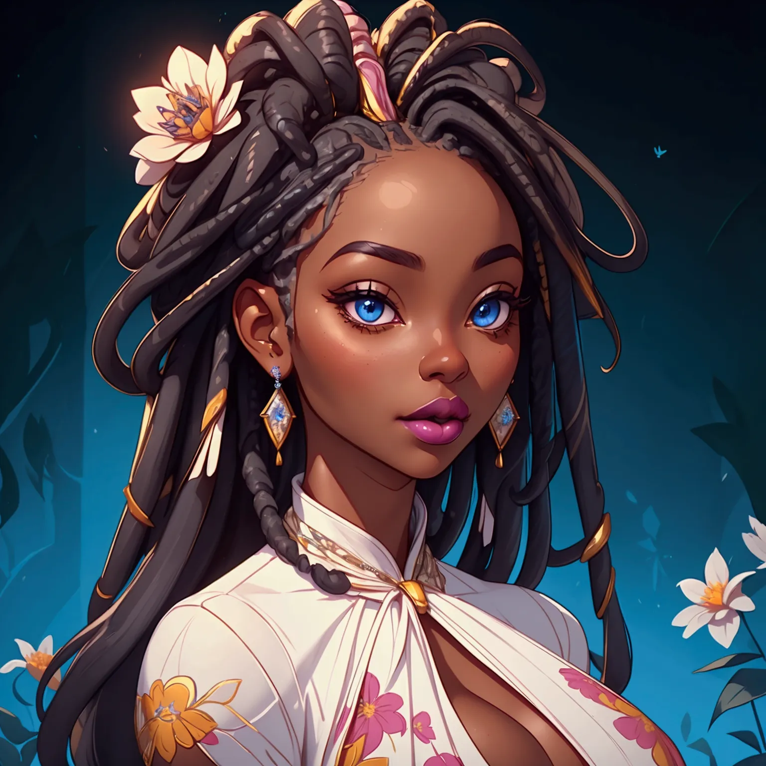 a portrait of a sexy ebony skinned female, wearing a floral dress, classy, alluring, soft looking, blue eyes, wearing lipstick, ...
