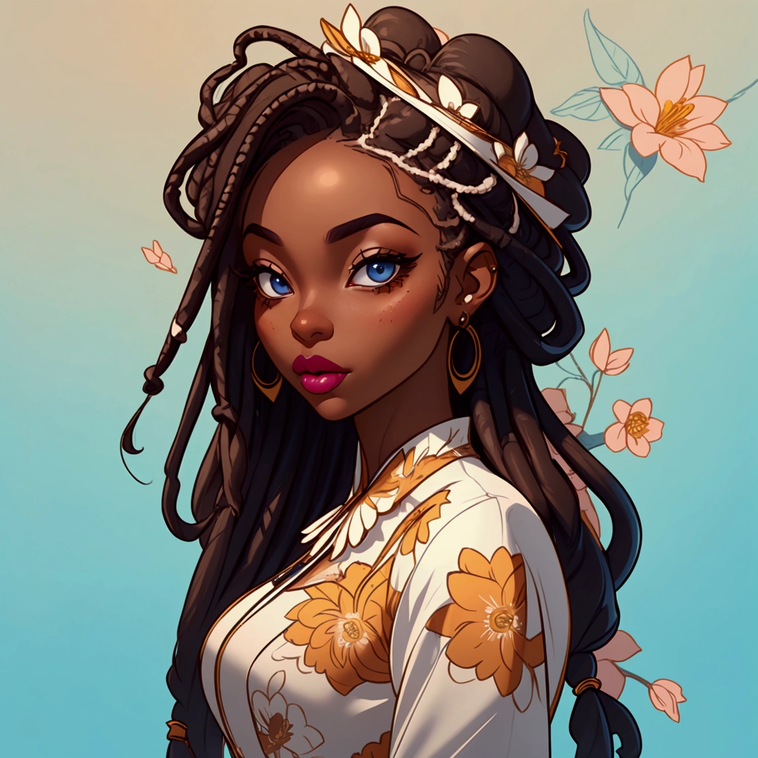 a portrait of a sexy ebony skinned female, wearing a floral dress, classy, alluring, soft looking, blue eyes, wearing lipstick, wearing makeup, has long dreadlocks