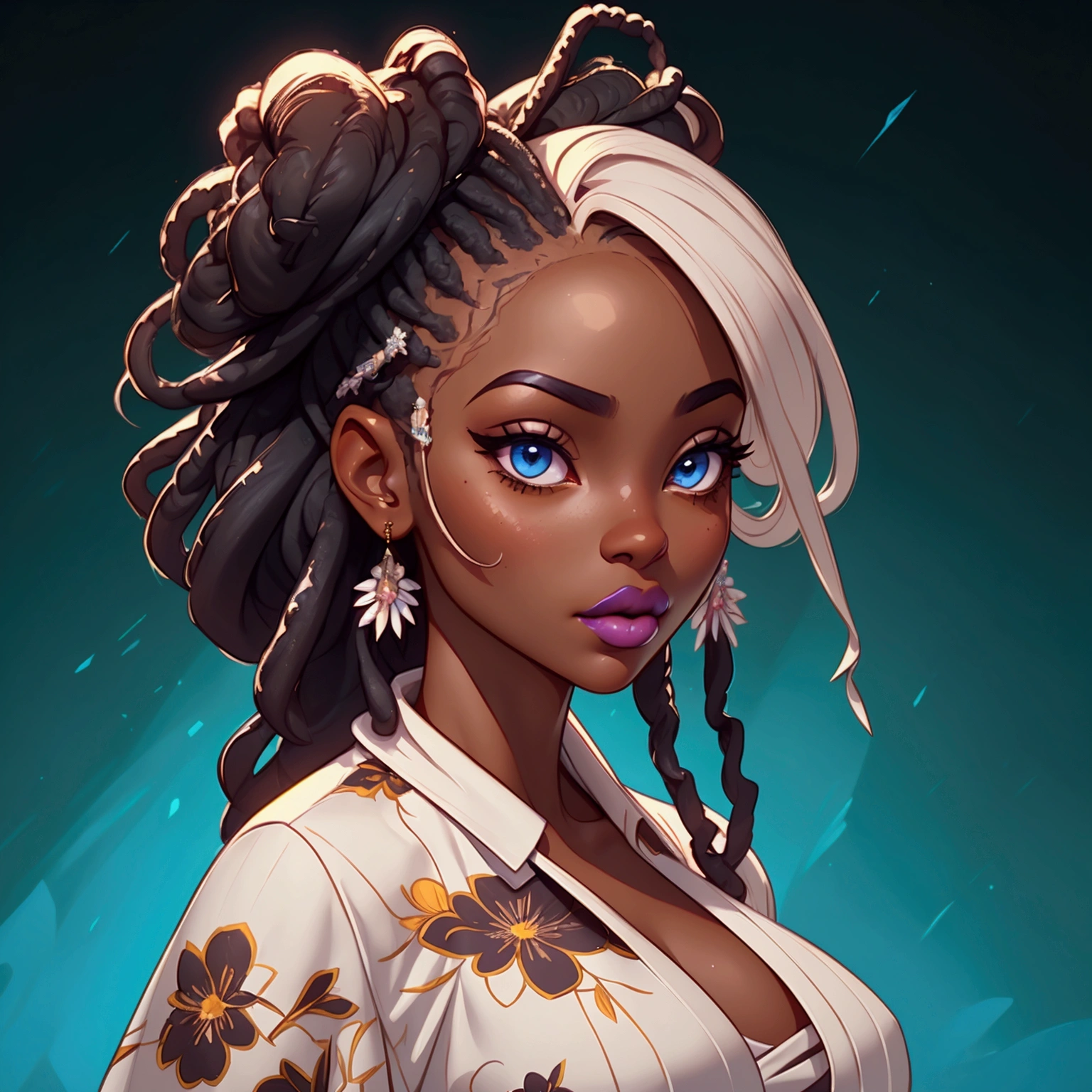 un portrait d&#39;une femme sexy à la peau d&#39;ébène, Porter une robe à fleurs, chic, Séduisant, aspect doux, yeux bleus, porter du rouge à lèvres, Porter du maquillage, a de longues dreadlocks