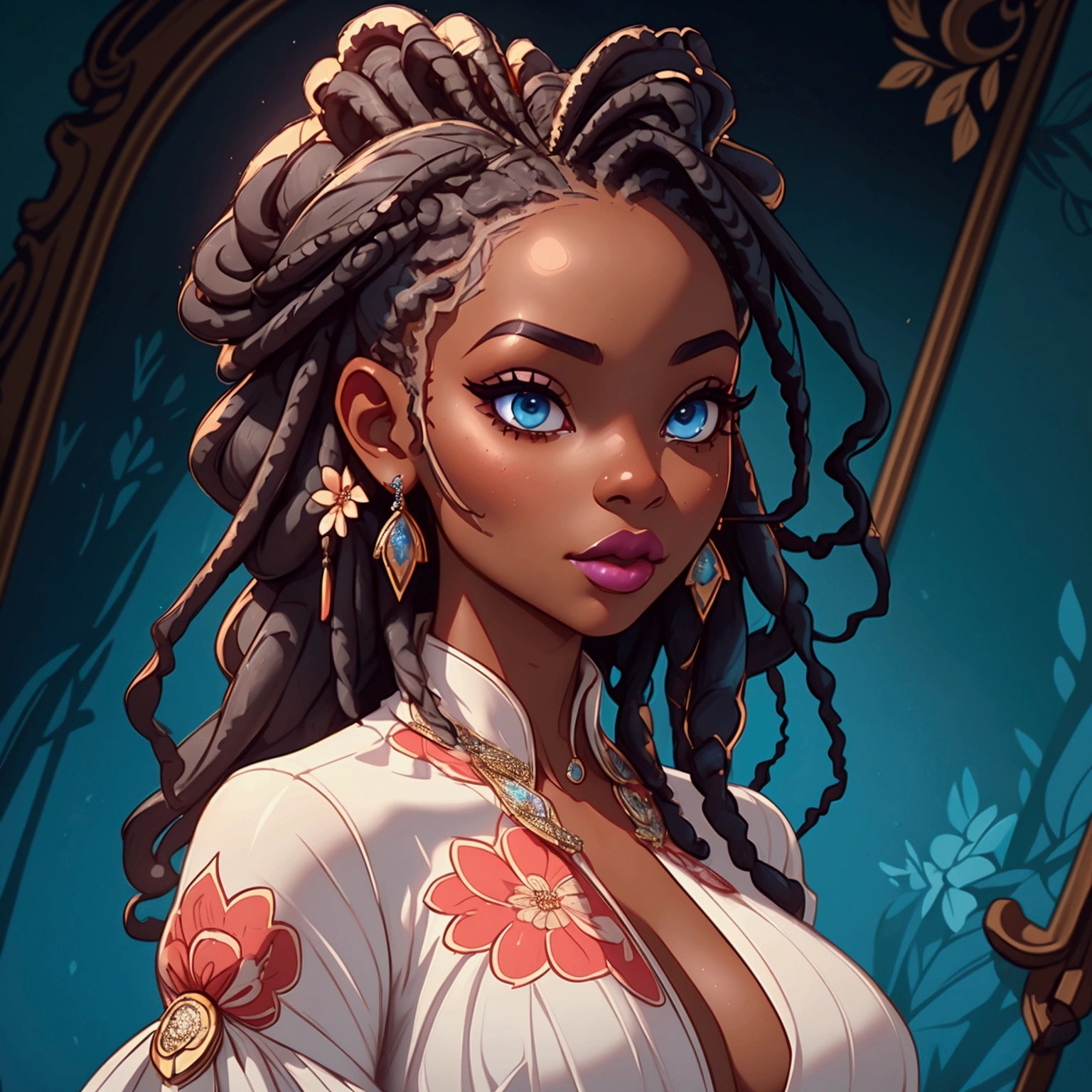 a portrait of a sexy ebony skinned female, wearing a floral dress, classy, alluring, soft looking, blue eyes, wearing lipstick, wearing makeup, has long dreadlocks