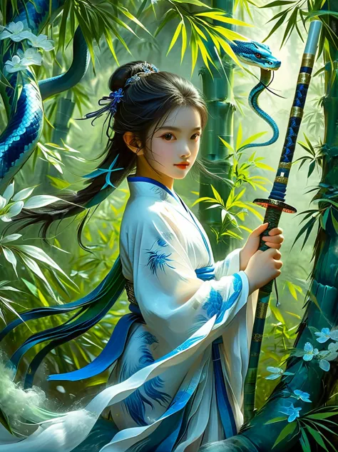 A charming scene is presented in front of you: a little girl wearing a blue and white outfit, holding a long sword, and behind h...