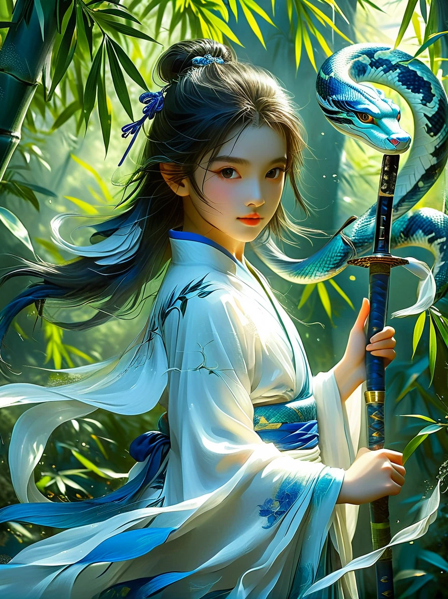 A charming scene is presented in front of you: a little girl wearing a blue and white outfit, holding a long sword, and behind her is a dense bamboo forest. Around her, an elegant green snake spiraled up, as if displaying a mysterious power. This work is full of inspiration from the story of the White Snake in China. Through meticulous painting and realistic details, it makes people feel like they are in an ancient and mysterious world