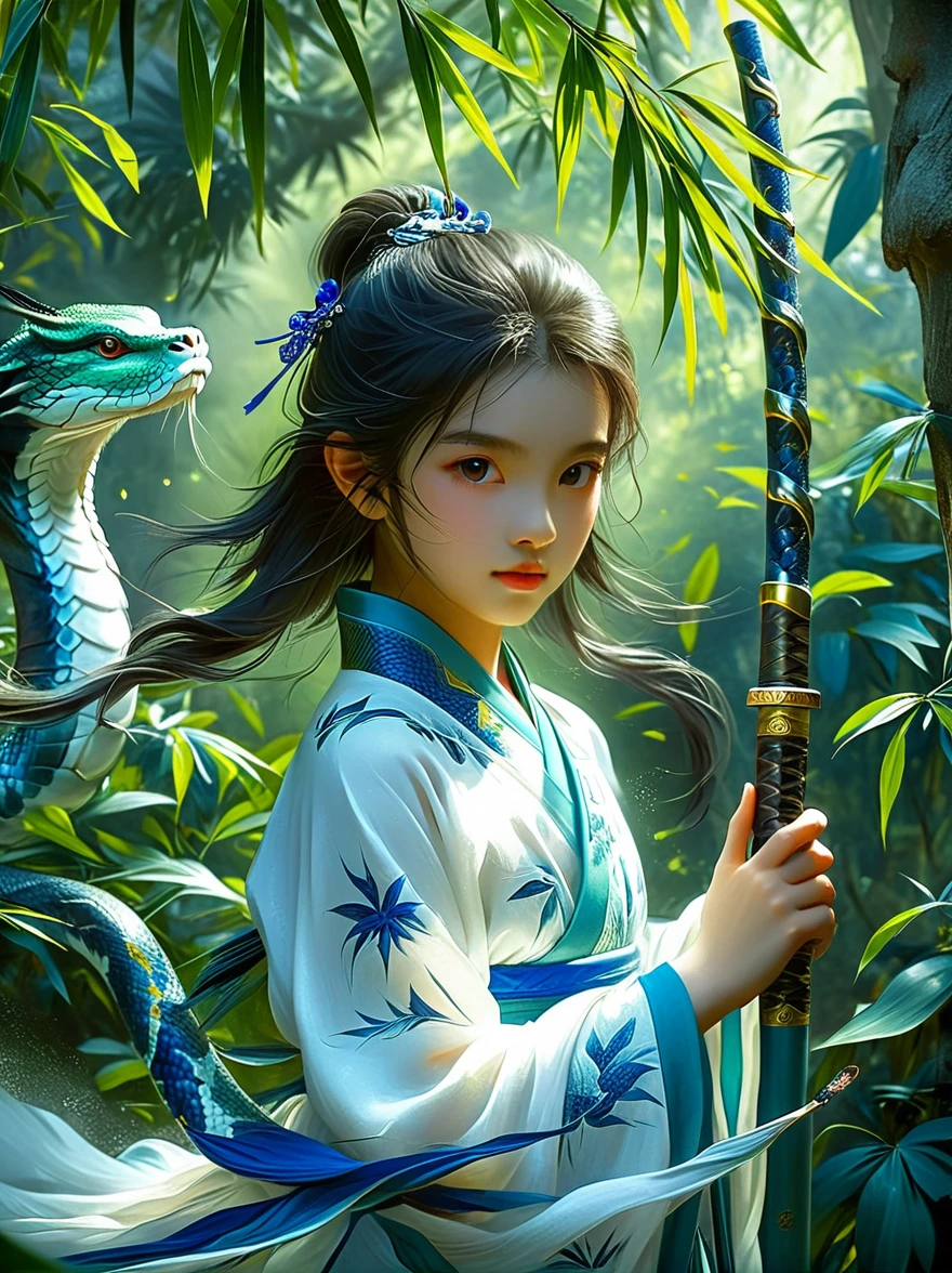 A charming scene is presented in front of you: a little girl wearing a blue and white outfit, holding a long sword, and behind her is a dense bamboo forest. Around her, an elegant green snake spiraled up, as if displaying a mysterious power. This work is full of inspiration from the story of the White Snake in China. Through meticulous painting and realistic details, it makes people feel like they are in an ancient and mysterious world