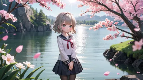 (masterpiece),  outdoor,  cherry blossoms,  petal,  sunlight,  lake,  one girl,  blush,  smile,  medium hair,  sailor suit,long ...