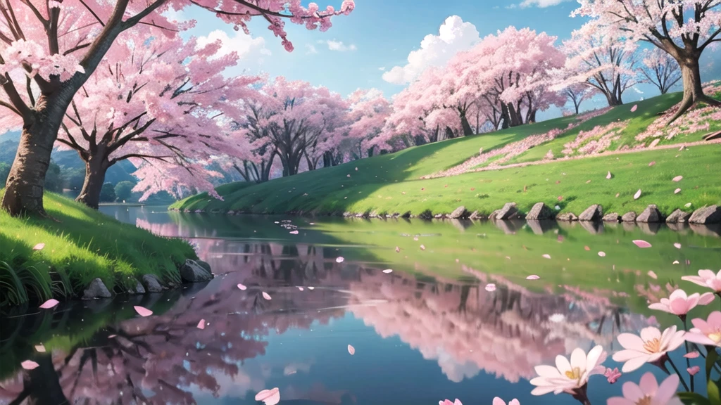 (masterpiece),  Outdoor,  cherry blossoms,  petal,  sunlight,  lake,  One Girl,  blush,  smile,  Medium Hair,  Sailor suit,Long skirt, Overgrown, petal, plant、Skirt lining、White slip、nostalgic、pantyhose（gray）、You can see the sea in the distance, Crotch close-up