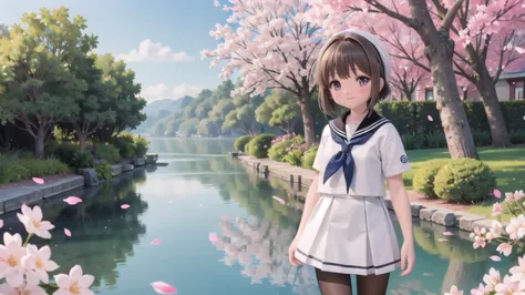 (masterpiece),  outdoor,  cherry blossoms,  petal,  sunlight,  lake,  one girl,  blush,  smile,  medium hair,  sailor suit,long ...