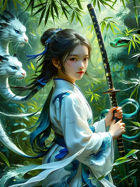 A charming scene is presented in front of you: a little girl wearing a blue and white outfit, holding a long sword, and behind h...
