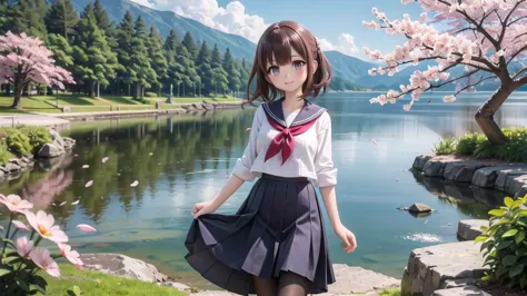 (masterpiece),  outdoor,  cherry blossoms,  petal,  sunlight,  lake,  one girl,  blush,  smile,  medium hair,  sailor suit,long ...