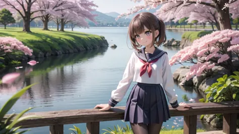 (masterpiece),  outdoor,  cherry blossoms,  petal,  sunlight,  lake,  one girl,  blush,  smile,  medium hair,  sailor suit,long ...