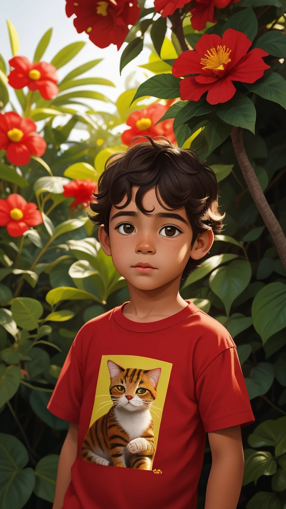 Retrato realista de um menino de sete anos, Ele usa uma camisa vermelha . Your face is and exploratory . Ele sai cautelosamente para o jardim da casa,  A small cat is among the bushes and he touches it cautiously ,Not facing the camera,, Hair is messy , 