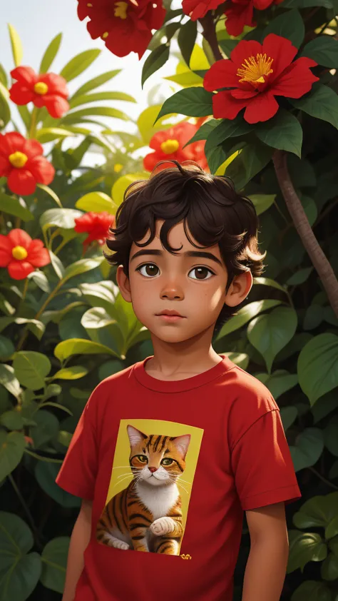 Retrato realista de um menino de sete anos, Ele usa uma camisa vermelha . Your face is and exploratory . Ele sai cautelosamente ...