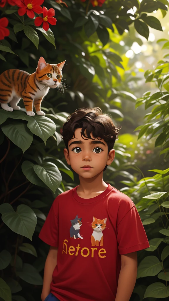 Retrato realista de um menino de sete anos, Ele usa uma camisa vermelha . Your face is and exploratory . Ele sai cautelosamente para o jardim da casa,  A small cat is among the bushes and he touches it cautiously ,Not facing the camera,, Hair is messy , 