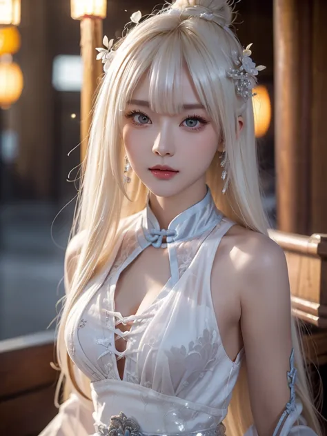 guqinghan,hell,chinese clothes,china dress, platinum blonde fine hair、extra long silky straight hair、big eyes with bangs and eye...