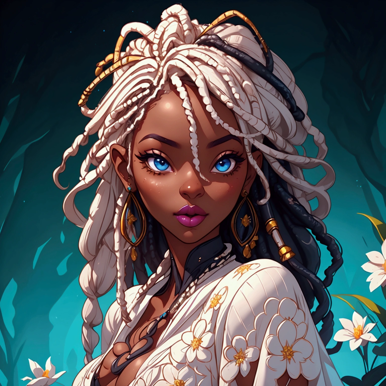 a portrait of a sexy ebony skinned female, wearing a floral dress, classy, alluring, soft looking, blue eyes, wearing lipstick, wearing makeup, has long white dreadlocks