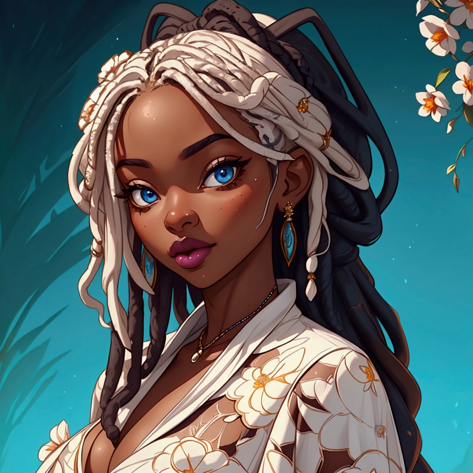 un portrait d&#39;une femme sexy à la peau d&#39;ébène, Porter une robe à fleurs, chic, Séduisant, aspect doux, yeux bleus, porter du rouge à lèvres, Porter du maquillage, a de longues dreadlocks blanches