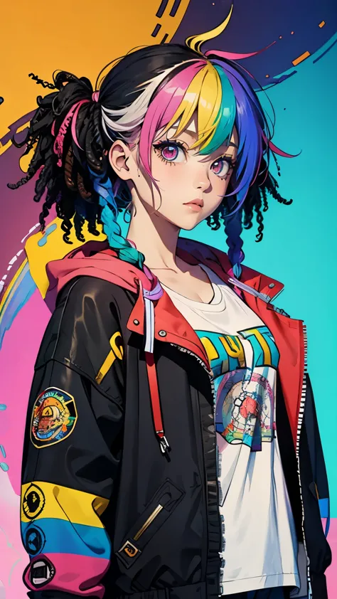 Tied up messy attractive girl, Rainbow Curly Hair, Rainbow Style Jacket, Cool bomb explosion background