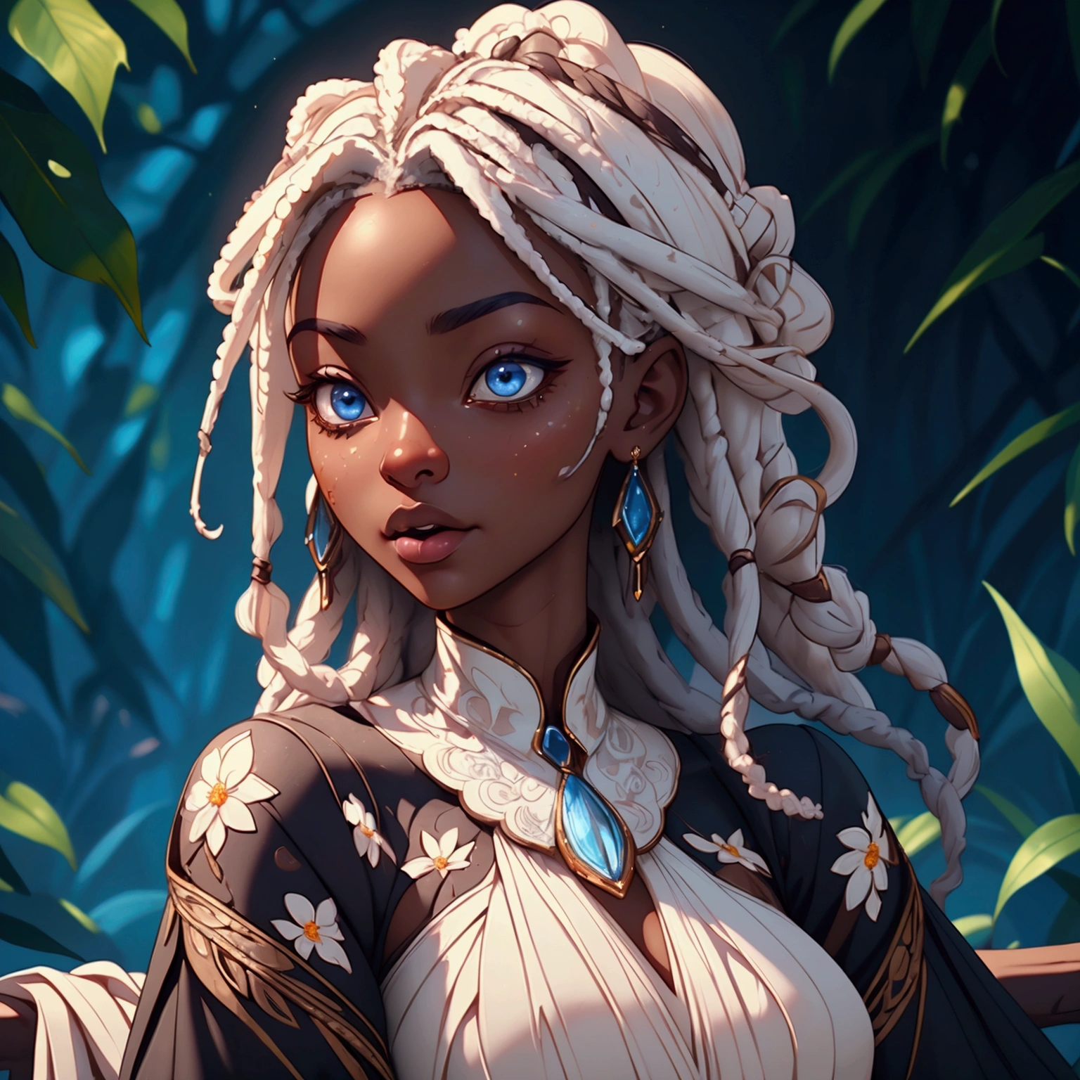 a beautiful ebony skinned girl,floral dress,alluring,soft,blue eyes,long white dreadlocks,detailed facial features,photorealistic,highly detailed,intricate details,natural lighting,warm color palette,cinematic lighting,elegant,refined,classy,masterpiece