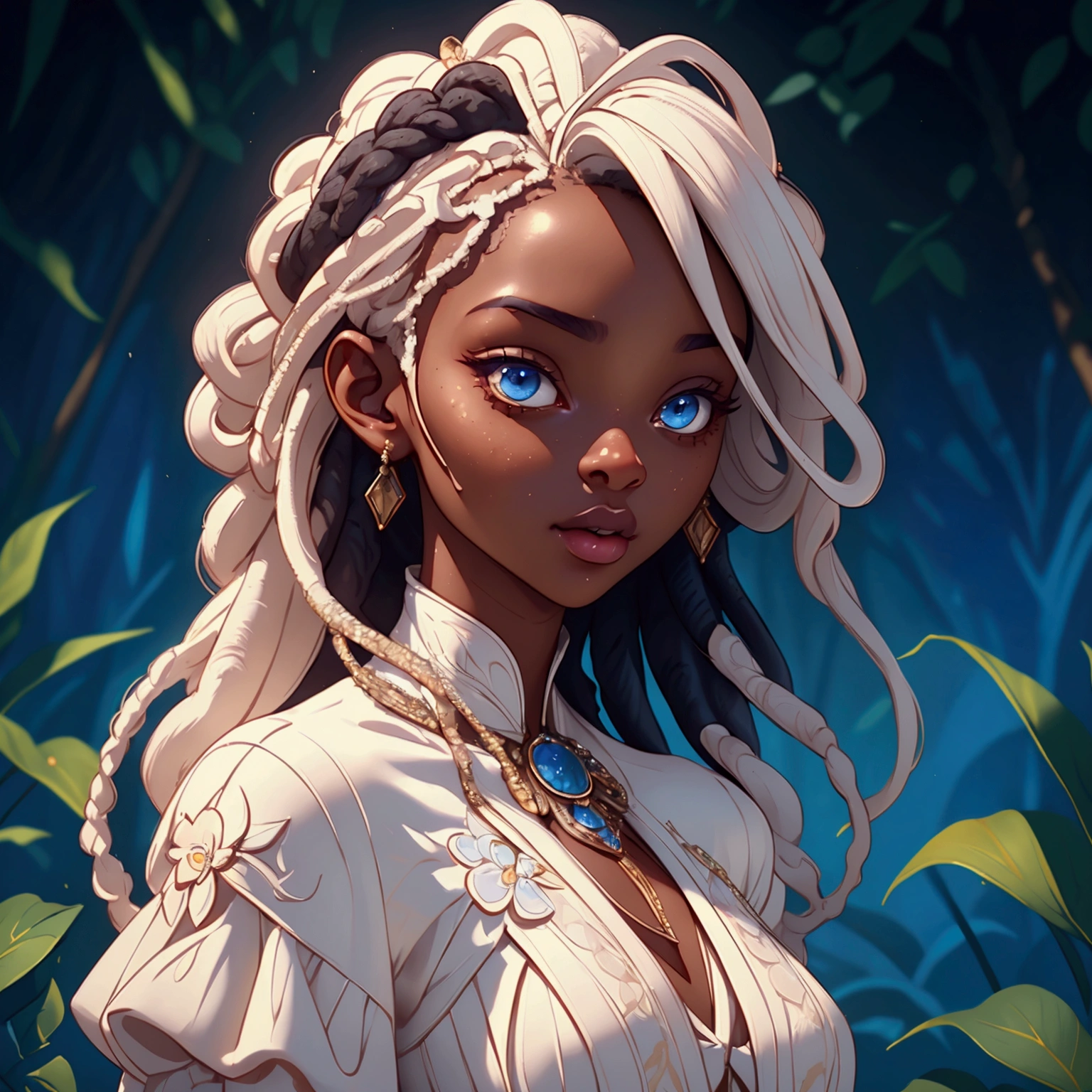 une belle fille à la peau d&#39;ébène,robe à fleurs,Séduisant,Doux,yeux bleus,longues dreadlocks blanches,traits du visage détaillés,Photoréaliste,très détaillé,détails complexes,éclairage naturel,palette de couleurs chaudes,Éclairage cinématographique,élégant,raffiné,chic,chef-d&#39;œuvre