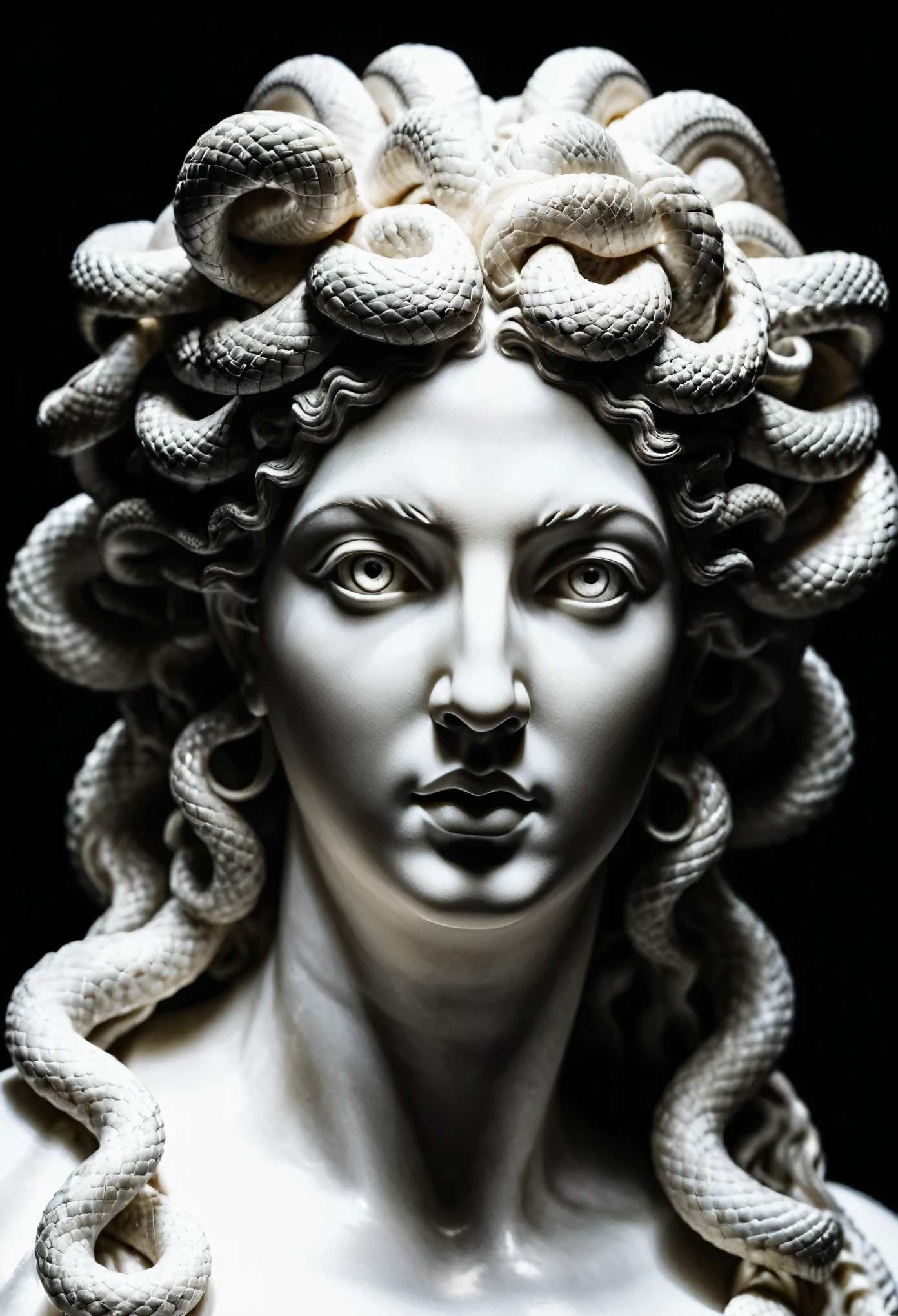 primer plano de la cara ,(mirando al espectador) ,((una estatua de medusa)),(mitología griega), (El cabello es como innumerables serpientes.),(Ojos bonitos),estatua muy detallada hecha de (mármol ) ,, luces dramáticas, sombras dinámicas, Fondo negro, celestial ambient, estilo de escultura griega antigua, white mármol texture surface