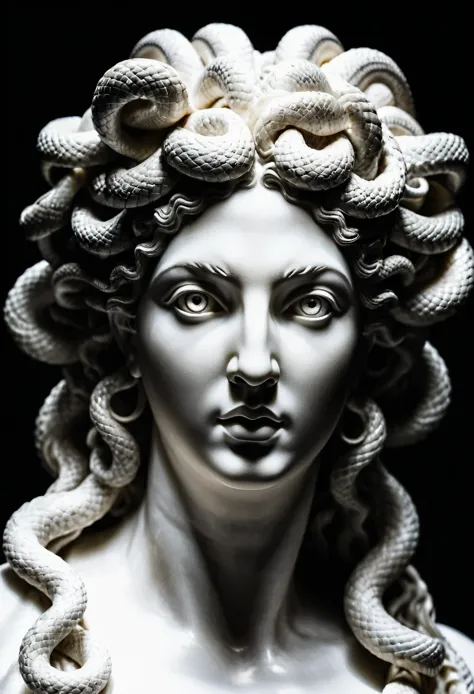 face close up shot ,(looking at viewer) ,((a statue of medusa)),(Greek mythology), (hair is like countless snakes),(beautiful eyes),highly detailed statue made of (marble ) ,, dramatic lights, dynamic shadows, black background, celestial ambient, ancient Greek sculpture style, white marble texture surface