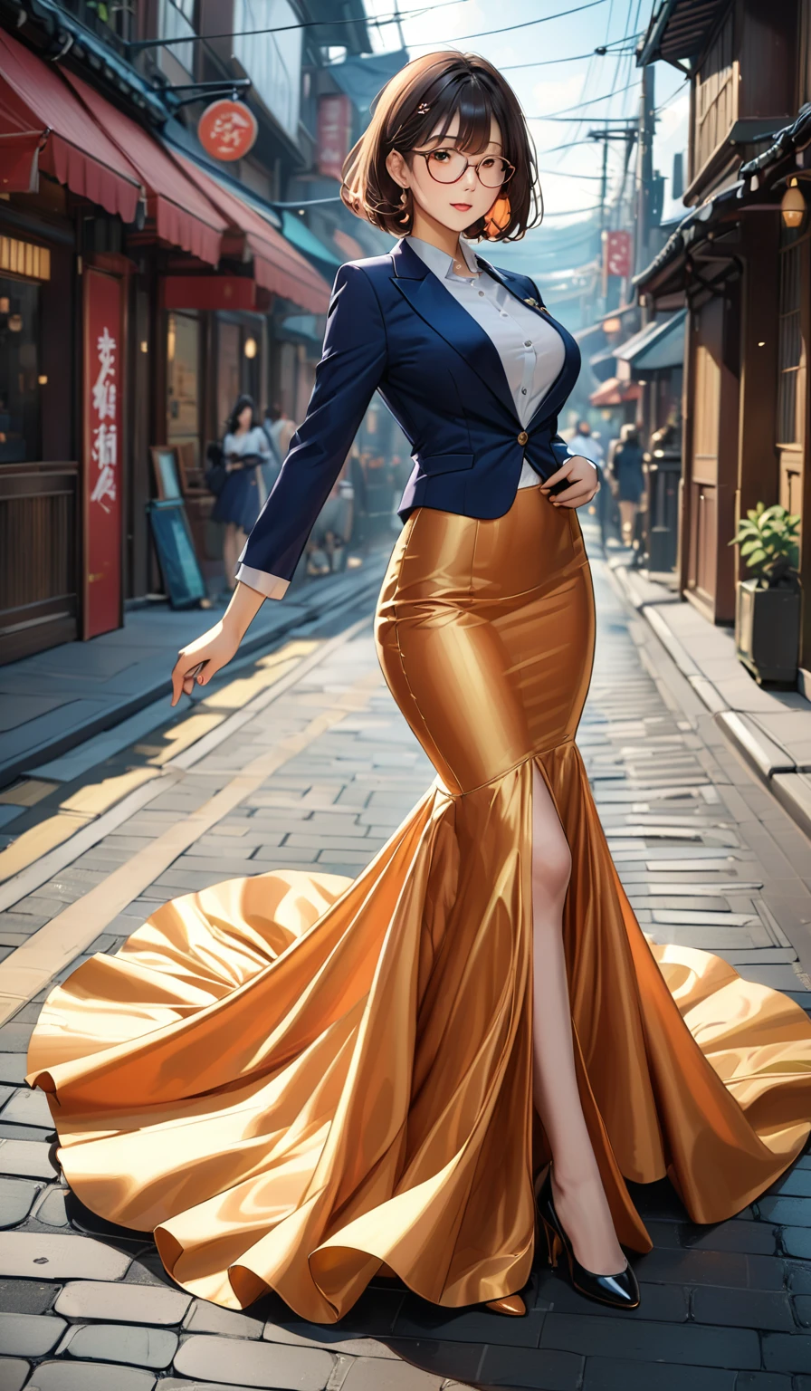 (masterpiece,highest quality,超A high resolution),japanaese girl with short hair (((Very beautiful 35 year old girl))), pretty woman, a woman in the mermaid long train skirt,the skirt is very long, full body, wear sexy blazer, wear sexy blouse, wear glasses,long satin, flowy dramatic long skirt,body height 165, random pose, walk fast in street,wear high heels,  masterpice  (Shiny long train dress mermaid-style long skirt 