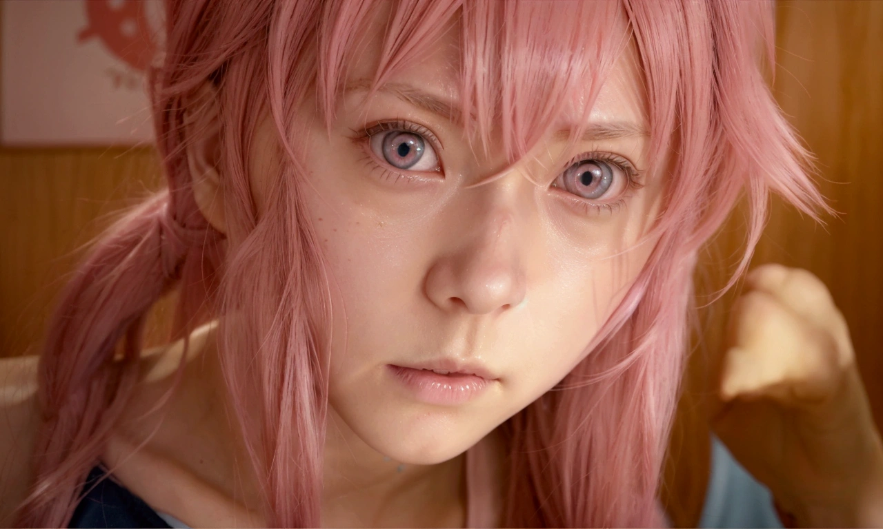 A woman with pink hair and blue eyes looking at the camera, mirai nikki, Zero Two, Another close-up of Iwakura, Another close-up of Iwakura, Gainax Anime Style, In anime movies, Screenshots from the 2012 anime, Anime girl named Lucy, Has a sharp gaze, Close-up of a young anime girl