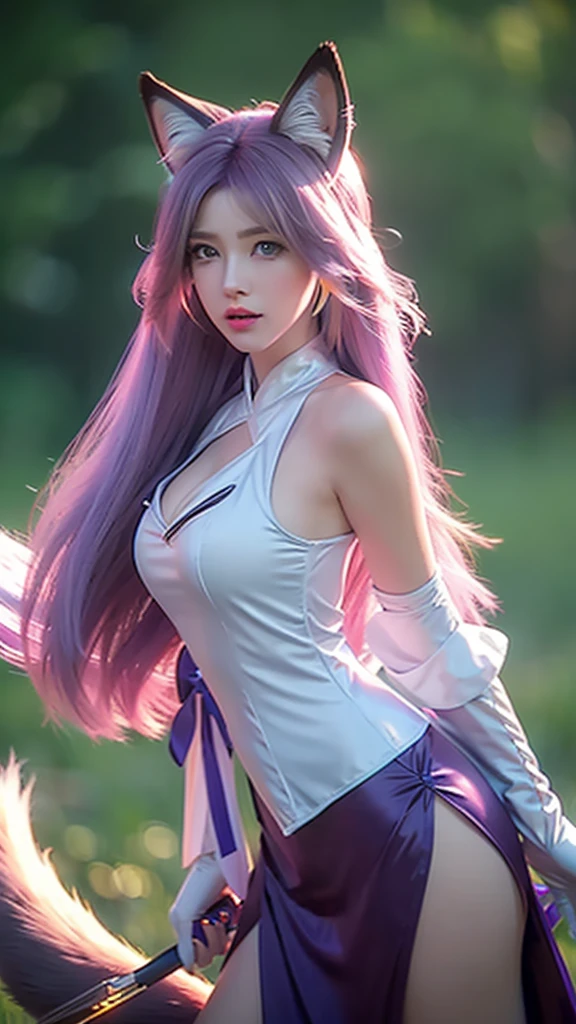 best quality,best quality, 1girl, solo, long hair, breasts, looking at viewer, blue eyes, skirt, blonde hair, gloves, dress, animal ears, bare shoulders, jewelry, medium breasts, earrings, parted lips, fox ears, fox tail, facial mark, multiple tails, whisker markings, purple gloves, pink gloves, ahri \(league of legends\)