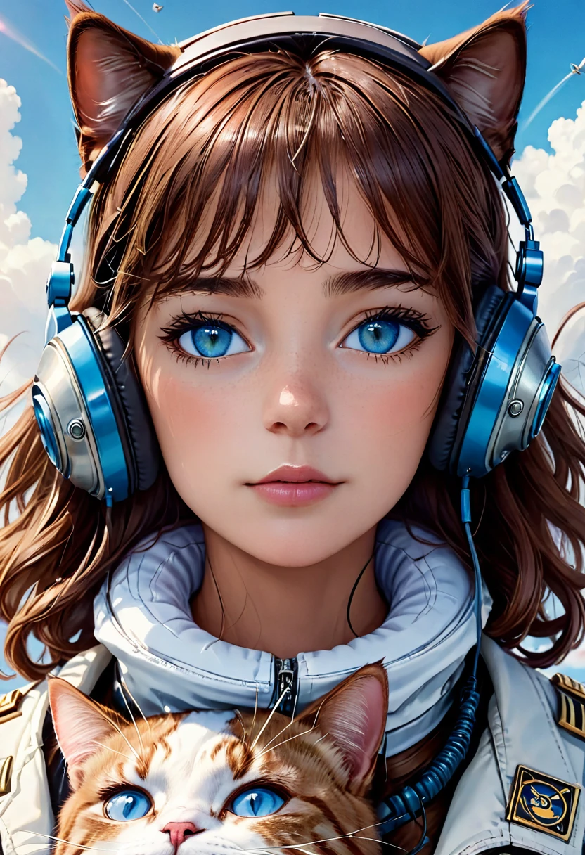 masterpiece, mejor caliDaD, High resolution, 1 girl, Super High resolution, Alone, mechanical pilot, D.and, headphones, Ojos rosaDos, meDias azules, Brown hair, white gloves, Cat Face ADornamiento,