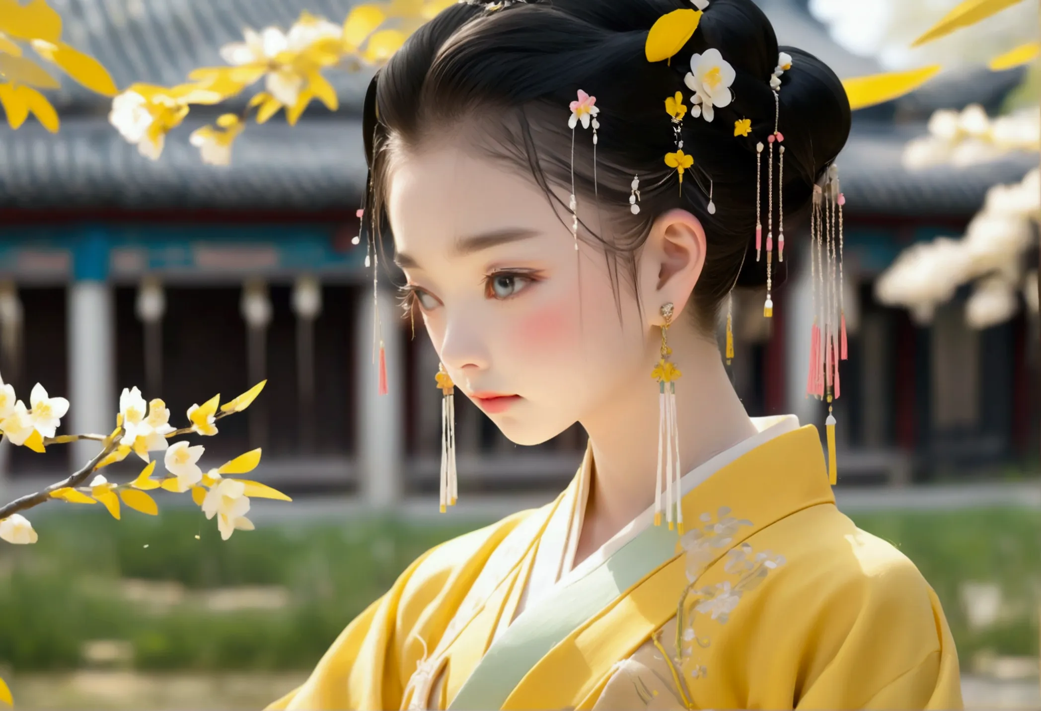 chinese hanfu,a gentle girl in ancient chinese style, petite in stature, dressed in goose yellow costume, it is embroidered with...