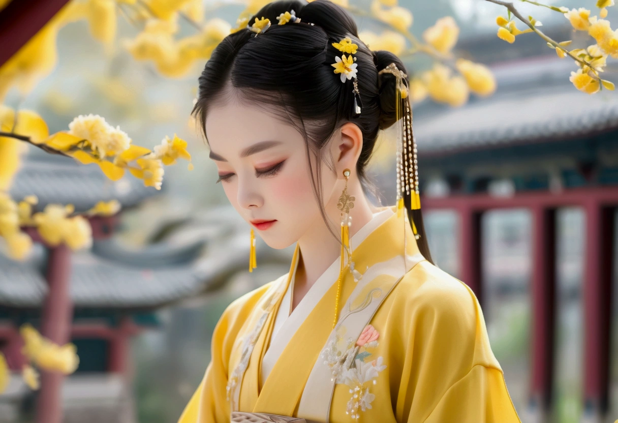 Chinese hanfu,A gentle girl in ancient Chinese style, Petite in stature, Dressed in goose yellow costume, It is embroidered with peach blossoms, Wear your hair in a simple bun, Earrings pearls, Enjoy the flowers in the garden,
