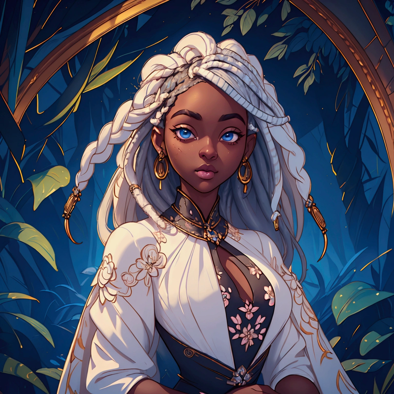 a beautiful ebony skinned girl,floral dress,alluring,soft,blue eyes,long white dreadlocks,detailed facial features,photorealistic,highly detailed,intricate details,natural lighting,warm color palette,cinematic lighting,elegant,refined,classy,masterpiece